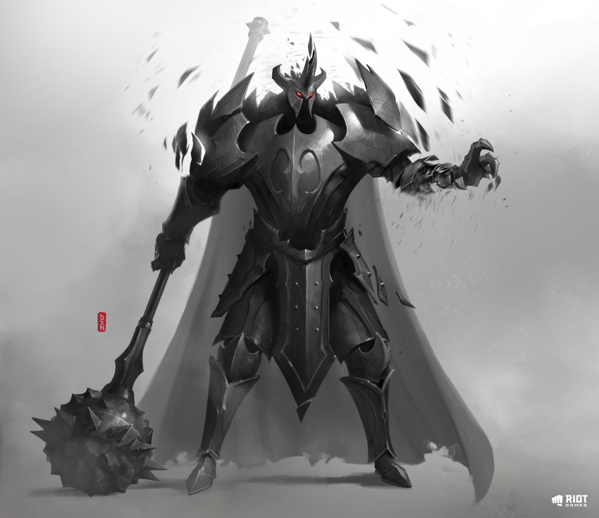 1boy absurdres armor armored_boots boots breastplate cape den_(denwhat) fake_horns full_armor full_body gauntlets gradient_background grey_background hand_up helmet highres holding holding_weapon horned_helmet horns league_of_legends mace male_focus mordekaiser red_eyes shoulder_plates solo spiked_mace spikes standing weapon