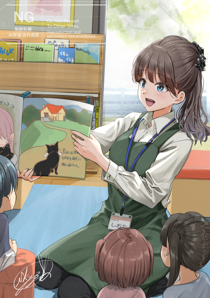 1boy 3girls black_pantyhose black_scrunchie blue_eyes book bookshelf brown_hair brown_shirt child choppy_bangs collared_shirt commentary_request dress dress_shirt from_behind green_dress grey_hair grey_shirt hair_ornament hair_scrunchie highres holding holding_book indoors lanyard layered_sleeves librarian library light_blush long_hair long_sleeves looking_at_another medium_hair multiple_girls open_mouth original painting_(object) pantyhose picture_book pinafore_dress polka_dot polka_dot_scrunchie ponytail reading_together rug scrunchie seiza shirt short_hair short_over_long_sleeves short_sleeves signature sitting sleeveless sleeveless_dress smile solo_focus soragane_(banisinngurei) teeth tree twintails two_side_up upper_teeth_only water_drop water_on_glass watermark white_shirt window wooden_floor