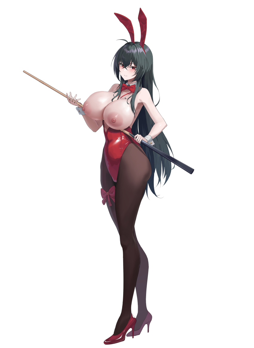 1girl absurdres azur_lane breasts breasts_out full_body highres huge_breasts lom_(lom_lom_8) nipples pantyhose simple_background solo taihou_(azur_lane) taihou_(fun_on_the_baize)_(azur_lane) thigh_bow thighs white_background
