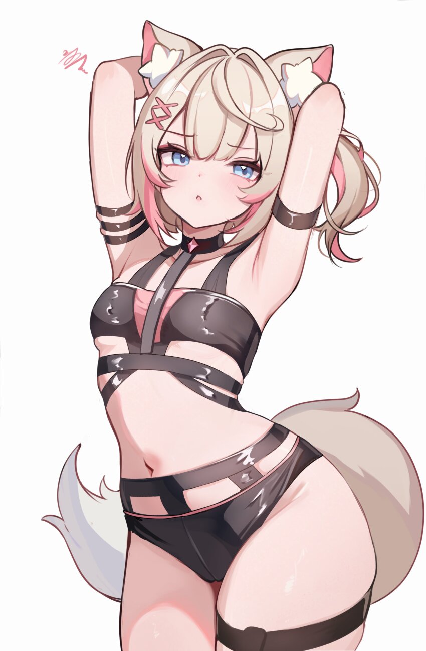 1girl absurdres animal_ears arm_strap arms_behind_head arms_up bikini black_bikini black_choker blonde_hair blue_eyes blush breasts chest_strap choker commentary dog_ears dog_girl dog_tail english_commentary eyeshadow hair_intakes hair_ornament hairclip highres hololive hololive_english hot_limit koahri looking_at_viewer makeup medium_hair mococo_abyssgard multicolored_hair one_side_up open_mouth pink_eyeshadow pink_hair signature simple_background skindentation solo streaked_hair swimsuit tail thigh_strap thighs two-tone_hair virtual_youtuber white_background x_hair_ornament yellow_tail