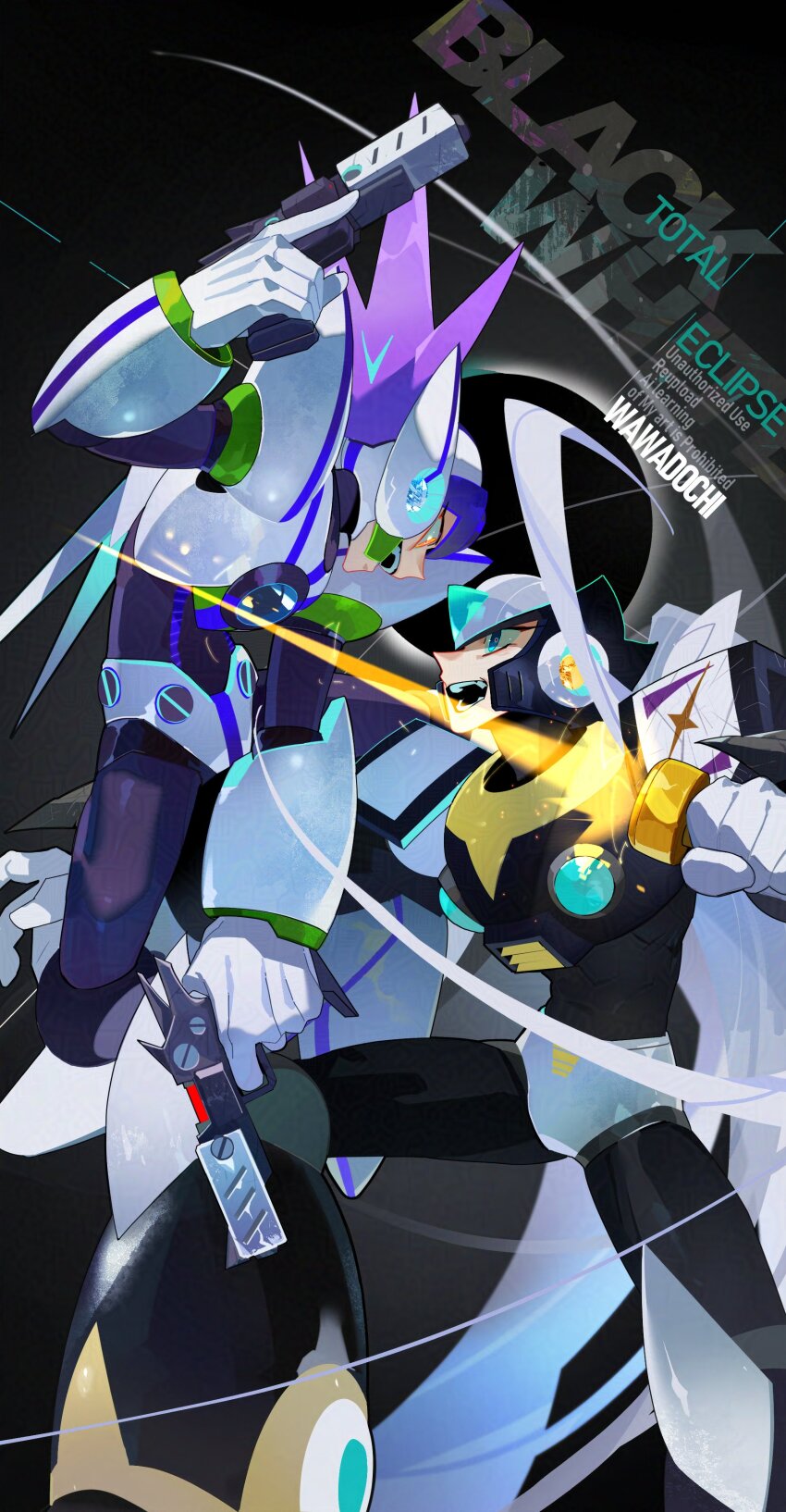2boys absurdres armor axl_(mega_man) black_armor black_helmet black_zero_(mega_man) blue_eyes chest_jewel dual_wielding energy_sword finger_on_trigger forehead_jewel grey_hair gun helmet highres holding holding_gun holding_sword holding_weapon long_hair male_focus mega_man_(series) mega_man_x_(series) multiple_boys purple_hair spiked_hair sword trigger_discipline wawadochi weapon white_armor white_axl_(mega_man) white_helmet yellow_eyes z_saber zero_(mega_man)