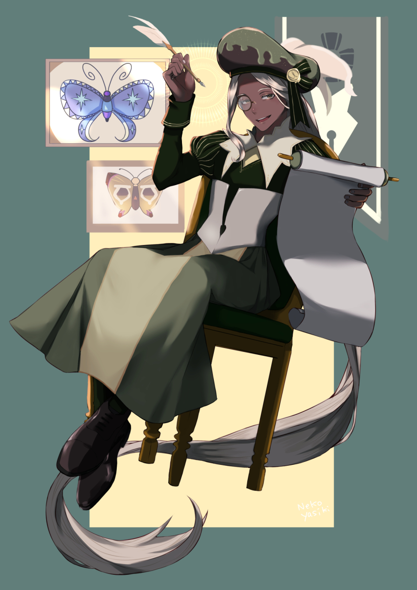 1boy book bug butterfly cookie_run cookie_run:_kingdom corset cross-laced_footwear dark-skinned_male dark_skin eclair_cookie full_body green_eyes green_hat green_ribbon green_robe hat hat_feather highres holding holding_quill holding_scroll humanization insect juliet_sleeves legs_apart long_hair long_sleeves low_ponytail male_focus monocle neck_ribbon nekoyasiki33 open_book parted_bangs ponytail puff_and_slash_sleeves puffy_sleeves quill ribbon robe scroll shoes simple_background smile solo standing very_long_hair white_background white_hair