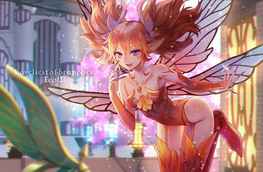 1other androgynous bare_shoulders bent_over blurry blurry_background boots building character_name chest_jewel collarbone commentary covered_navel detached_sleeves english_text facial_mark fairy fairy_wings feet_out_of_frame feo_ul final_fantasy final_fantasy_xiv fingernails floating forehead_mark fujii_niko gem gem_in_body hand_up highres legs_up leotard light_particles long_fingernails looking_at_viewer nail_polish open_mouth orange_boots orange_gemstone orange_hair orange_leotard outstretched_arm outstretched_hand pointy_ears purple_eyes purple_nails sharp_fingernails smile solo sparkle strapless strapless_leotard thigh_boots tree twintails wings