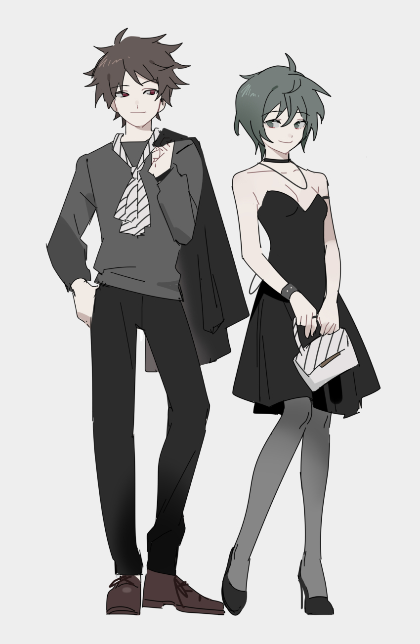 1boy 1girl alternate_costume ascot bag black_choker black_dress black_jacket black_pants black_pantyhose black_shirt black_shoes bracelet breasts brown_hair brown_shoes choker cleavage closed_mouth dress full_body green_eyes green_hair grey_background hand_on_own_hip harada_minoru height_difference high_heels highres holding holding_bag holding_jacket holding_unworn_clothes isoi_rai jacket jewelry long_sleeves necklace pants pantyhose red_eyes ring saibou_shinkyoku shirt shoes short_hair simple_background small_breasts smile strapless strapless_dress striped_ascot unworn_jacket white_ascot white_bag wobuzaia