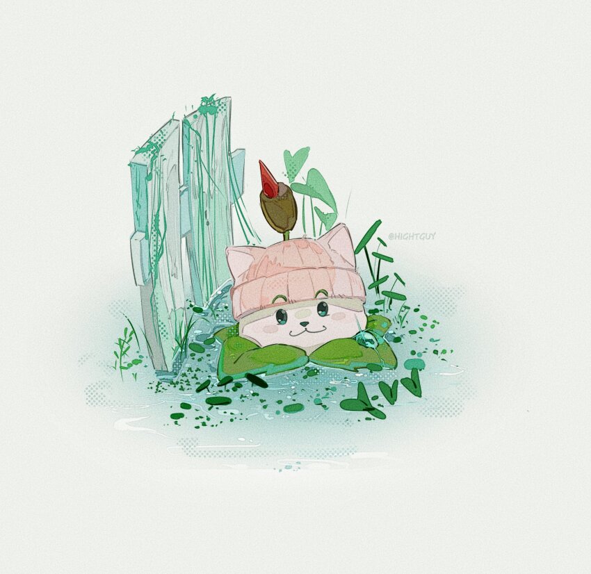 :3 afloat animal_ears animal_nose artist_name black_eyes cat_nose cattail cattail_(plants_vs._zombies) closed_mouth commentary fence halftone hashtag-only_commentary highres hightguy leaf looking_at_viewer no_humans plant plants_vs._zombies solo sparkle straight-on vines water_drop white_background wooden_fence