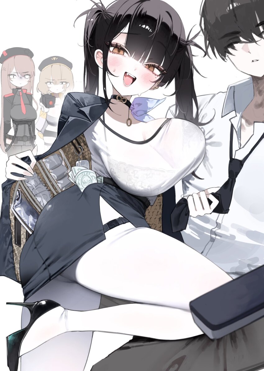 1girl amu1207 anis_(nikke) ass black_choker black_hair bra_visible_through_clothes breasts choker commander_(nikke) goddess_of_victory:_nikke high_heels highres jacket large_breasts leg_up long_hair looking_at_viewer open_clothes open_jacket panties pantyhose rapi_(nikke) red_eyes shirt skirt smile solo sora_(nikke) twintails underwear white_background white_pantyhose white_shirt