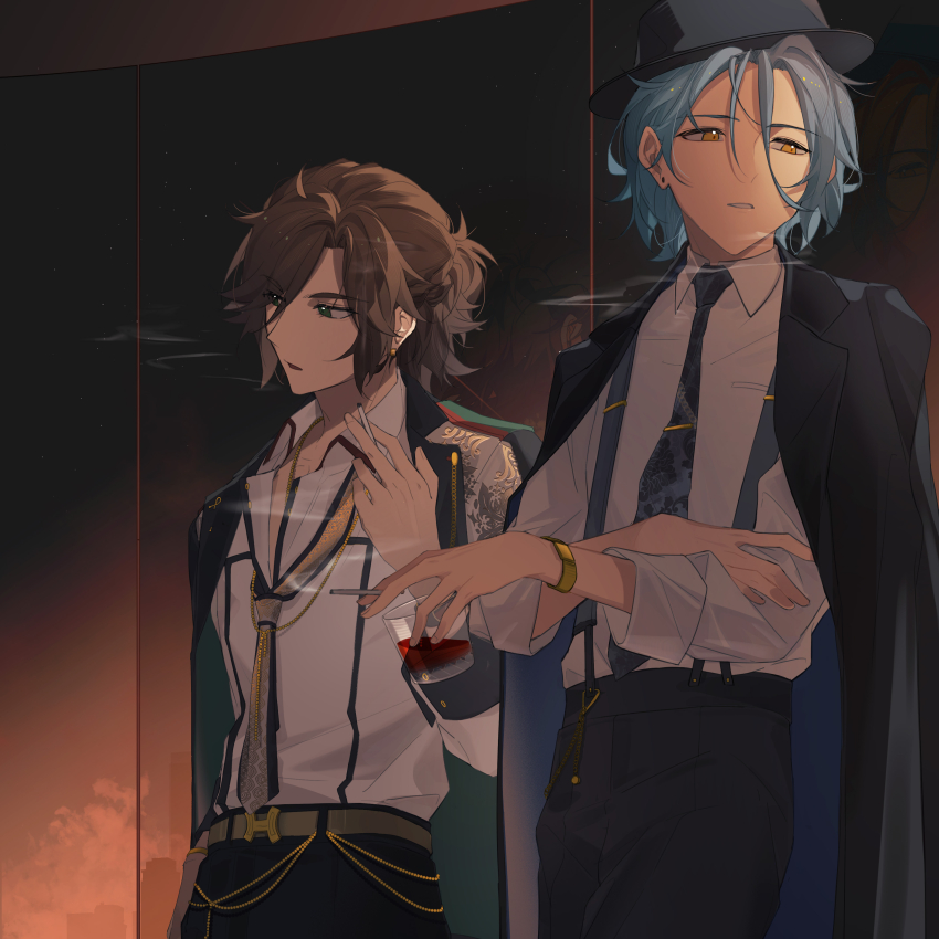2boys absurdres alcohol belt wallet_chain bishounen black_coat black_pants blue_hair braid brown_hair cigarette coat coat_on_shoulders cowboy_shot cup earrings ensemble_stars! formal_clothes glass grey_hat hair_between_eyes half_up_half_down_braid hand_on_own_arm hand_up hat highres himeru_(ensemble_stars!) holding holding_cigarette holding_cup indoors jewelry light_particles long_necktie looking_to_the_side male_focus mikejima_madara mtvu4472 multiple_boys necktie pants parted_lips pinching porkpie_hat red_wine shirt side-by-side smoke smoke_trail standing stud_earrings suspenders three-quarter_sleeves white_shirt wine yellow_eyes yellow_necktie