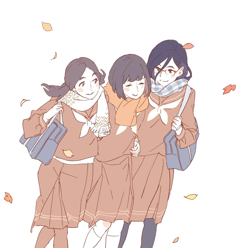 55bata6rou ^_^ autumn_leaves bag black_hair brown_serafuku brown_shirt brown_skirt closed_eyes closed_mouth feet_out_of_frame glasses hand_up hibike!_euphonium highres holding_strap kitauji_high_school_uniform leaf long_hair long_sleeves looking_at_another low_twintails nakaseko_kaori neckerchief ogasawara_haruka orange_scarf pantyhose pleated_skirt red-framed_eyewear scarf school_bag school_uniform semi-rimless_eyewear serafuku shirt short_hair simple_background skirt smile standing tanaka_asuka twintails walking white_background white_scarf wind