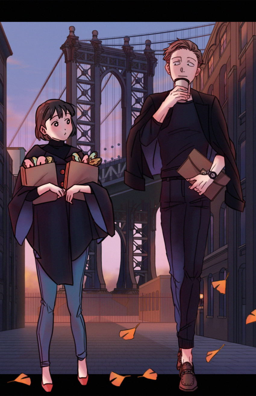 1boy 1girl aged_up bag black_coat black_hair black_sweater bob_cut brown_coat brown_footwear brown_hair building buttons chibi_maruko-chan city coat cup donut fence food full_body ginkgo_leaf hanawa_kazuhiko height_difference highres holding holding_bag holding_cup leaf long_sleeves looking_at_another looking_to_the_side new_york_city outdoors pants paper_bag posha-art pout red_footwear running_bond sakura_momoko sanpaku shoes short_hair sky smile sweater turtleneck walking watch wristwatch