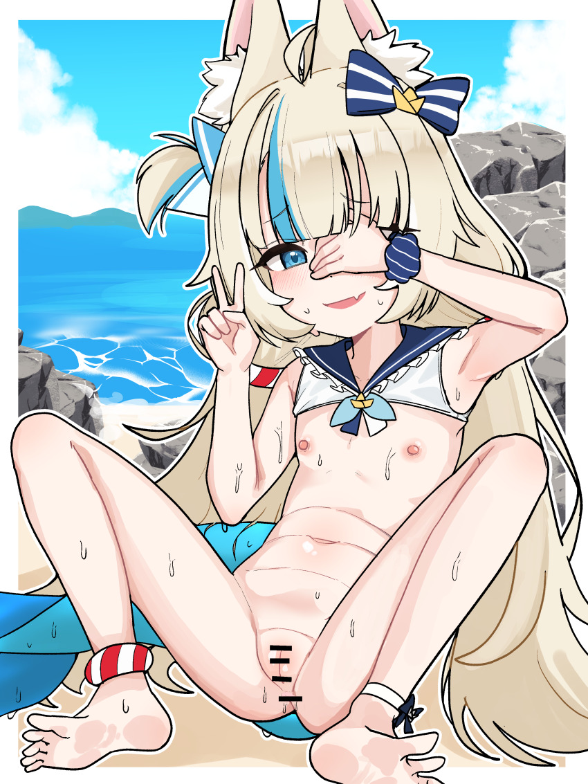 1girl absurdres animal_ear_fluff animal_ears bar_censor barefoot blonde_hair blue_eyes blue_hair blue_sailor_collar cat_ears censored cleft_of_venus commentary covering_one_eye fang fins fish_girl fish_tail flat_chest highres indie_virtual_youtuber loli long_hair looking_at_viewer low_twintails multicolored_hair navel nipples one_side_up open_mouth outdoors poyo154297 pussy sailor_collar sameko_saba sitting skin_fang soles solo spread_legs streaked_hair tail toes twintails two-tone_hair v