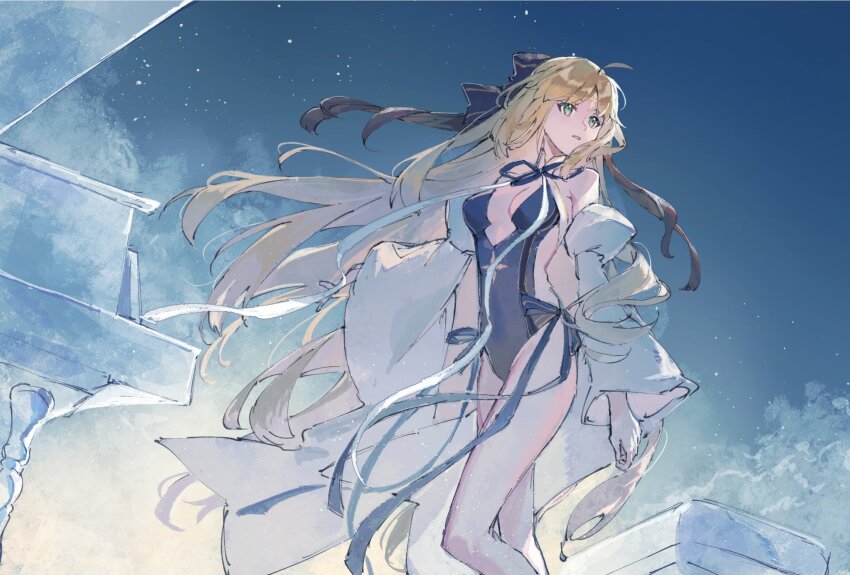 1girl ahoge artoria_caster_(fate) artoria_caster_(swimsuit_berserker)_(fate) artoria_caster_(swimsuit_berserker)_(third_ascension)_(fate) artoria_pendragon_(fate) blonde_hair blue_one-piece_swimsuit breasts cleavage cloud commentary fate/grand_order fate_(series) floating_hair green_eyes hashtag-only_commentary highres jnsghsi long_hair medium_breasts official_alternate_costume one-piece_swimsuit outdoors sky solo swimsuit very_long_hair