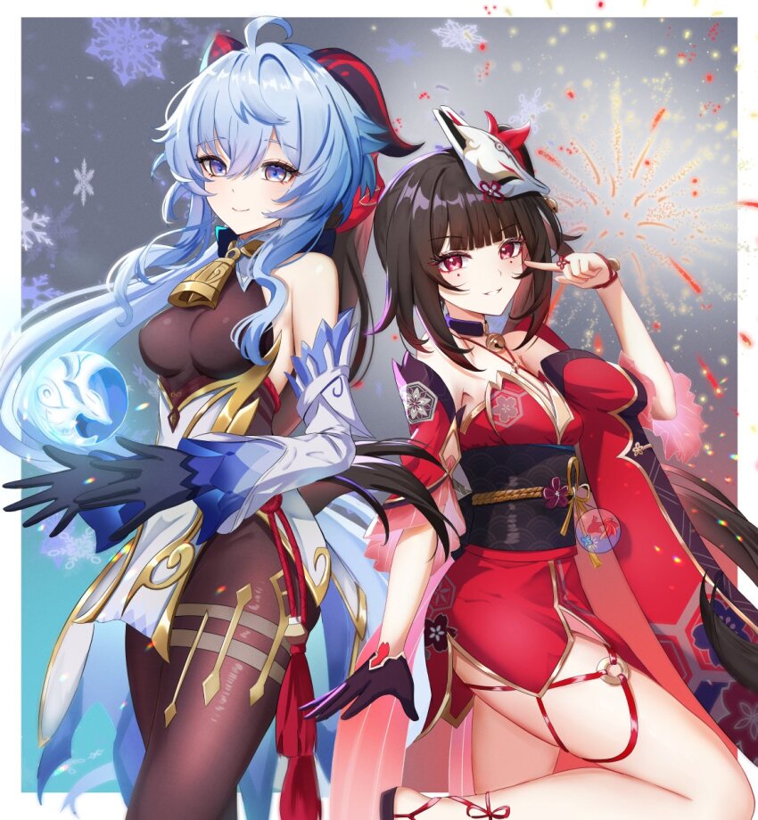 1girl 2girls ahoge bare_shoulders bell black_gloves black_pantyhose black_sash blue_hair border bow breasts brown_hair butterfly-shaped_pupils choker commentary_request company_connection criss-cross_halter crossover detached_sleeves dress fox_mask ganyu_(genshin_impact) gao_kawa genshin_impact gloves gold_trim halterneck highres honkai:_star_rail honkai_(series) horns jewelry knee_up light_smile long_hair looking_at_viewer mark_under_both_eyes mask mask_on_head medium_breasts multiple_girls neck_bell orb outside_border pantyhose pink_eyes purple_eyes qilin_(mythology) red_dress red_rope red_sleeves rope sash sidelocks smile snowflakes sparkle sparkle_(honkai:_star_rail) standing symbol-shaped_pupils tassel thighlet thighs twintails ueda_reina voice_actor_connection white_border white_sleeves