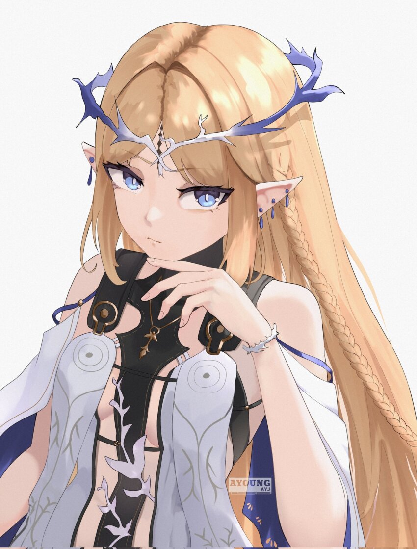 1girl artist_name ayoungart bare_shoulders black_collar blonde_hair blue_eyes breasts cartethyia_(wuthering_waves) collar commentary corrupted_twitter_file crown_of_thorns english_commentary hand_up highres long_hair pointy_ears sidelocks small_breasts solo tabard tacet_mark_(wuthering_waves) upper_body white_tabard wuthering_waves