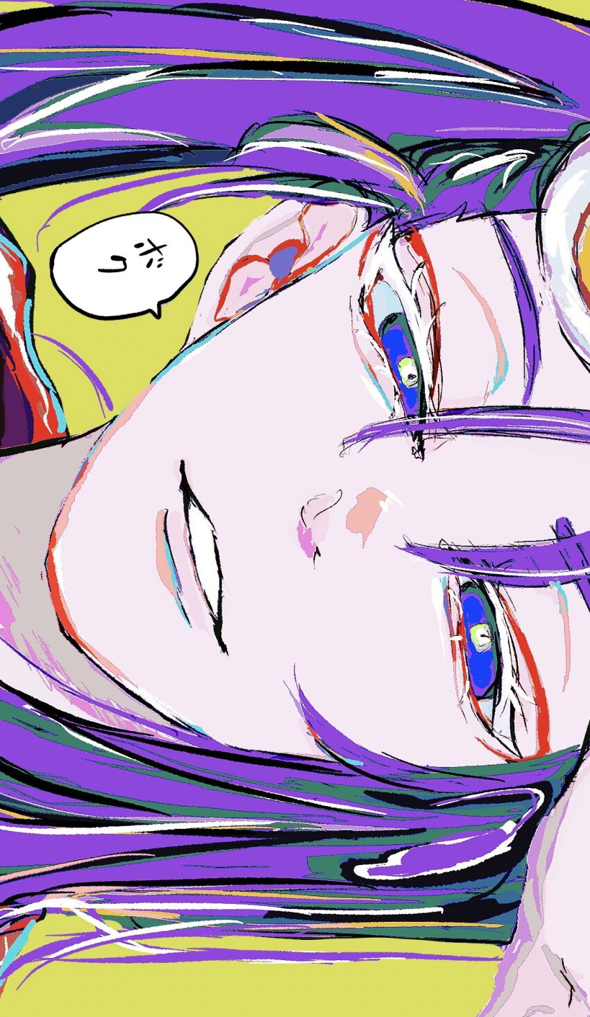 1girl aegyo_sal blue_eyes close-up commentary_request hair_between_eyes hariiiiito10 highres long_hair looking_at_viewer odo-chan_(ado) odo_(song) parted_lips purple_hair sideways solo translation_request twintails