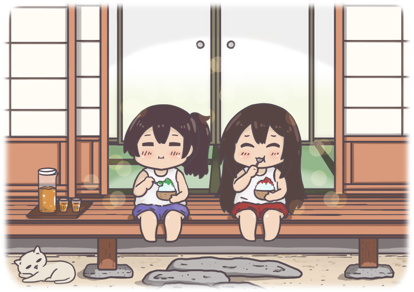 2girls aged_down akagi_(kancolle) blue_shorts brown_hair cat closed_eyes commentary_request eating facing_viewer food highres jug_(bottle) kaga_(kancolle) kantai_collection long_hair megahiyo multiple_girls red_shorts shaved_ice shorts sitting sliding_doors tank_top veranda