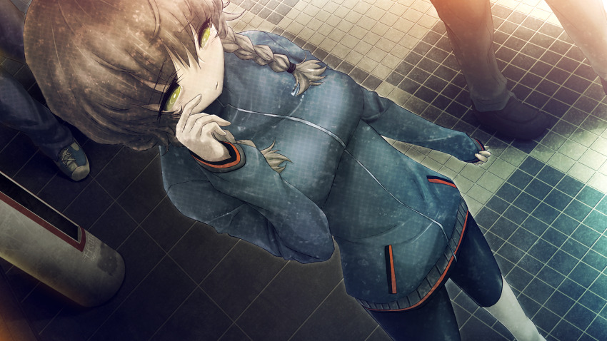 1girl 2others amane_suzuha bike_shorts blue_jacket braid breasts brown_hair crying crying_with_eyes_open dutch_angle finger_to_face from_above frown game_cg hair_between_eyes hair_tie high_collar highres huke jacket light_blush long_sleeves looking_down medium_breasts multiple_others non-web_source official_art ringed_eyes sad sleeves_past_wrists solo square_pupils standing steins;gate tearing_up tears tile_floor tiles track_jacket twin_braids twintails yellow_eyes zipper zipper_pull_tab