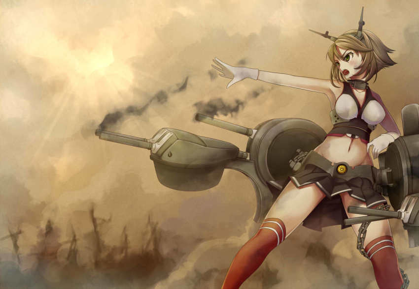 10s 1girl armpits bad_id bad_pixiv_id black_skirt blurry breasts brown_hair cannon chain collar collarbone female_focus gloves green_eyes hair_between_eyes halterneck headgear kantai_collection looking_to_the_side medium_breasts miniskirt mutsu_(kancolle) navel open_mouth pleated_skirt pointing red_thighhighs rigging ship_turret shirousagi_una short_hair skirt smoke solo striped_clothes striped_skirt striped_thighhighs sunlight thighhighs white_gloves