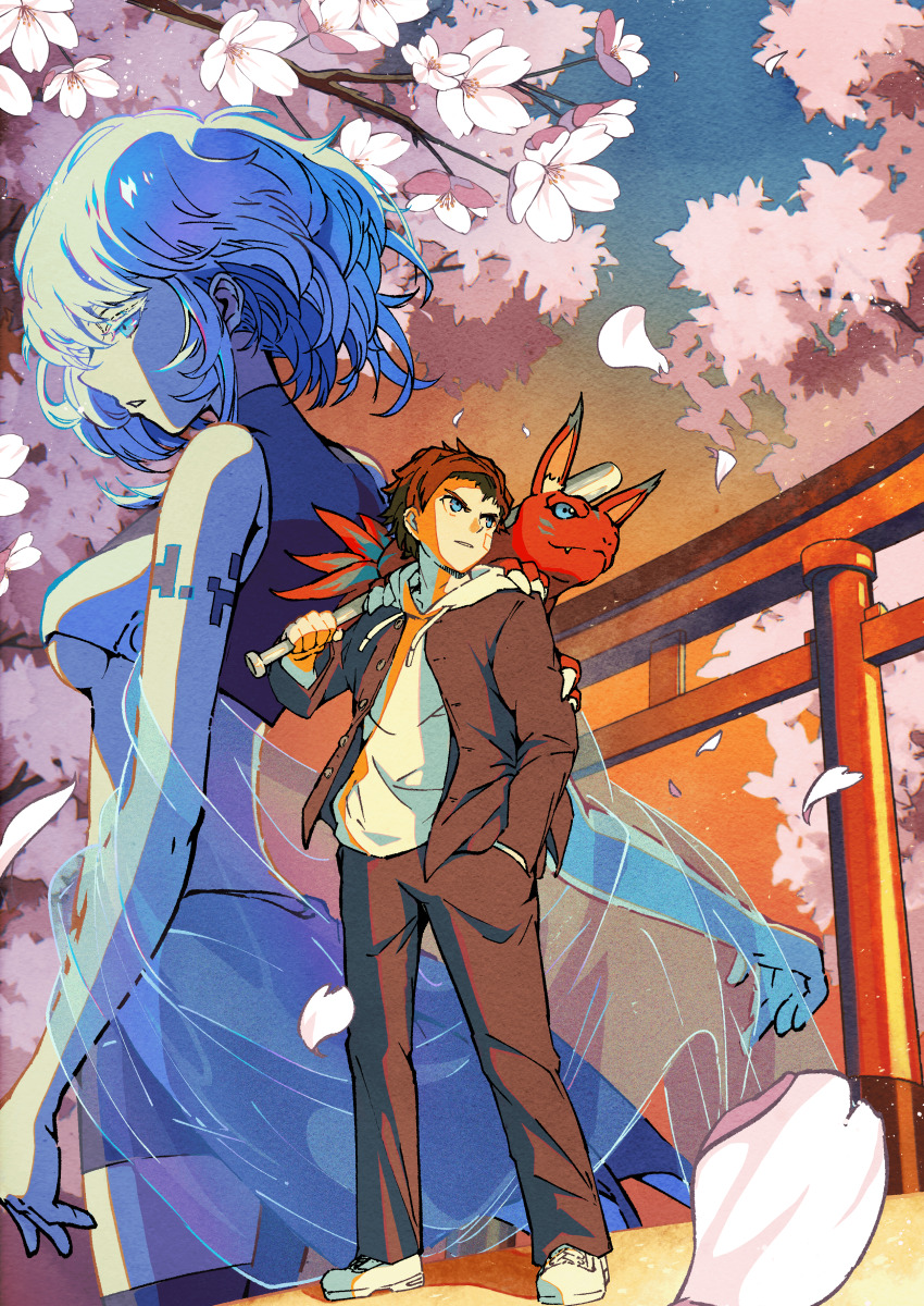 absurdres baseball_bat breasts digimon digimon_paradox elecmon eve_(digimon) falling_petals fang highres official_art petals shinonome_reiji underboob