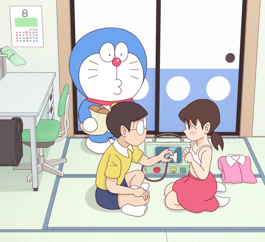 1boy 1girl bra doraemon embarrassed folded_clothes highres holding holding_stethoscope kiyo_(kyokyo1220) minamoto_shizuka nobi_nobita playing_doctor ponytail red_skirt shirt skirt stethoscope training_bra underwear unworn_shirt white_bra