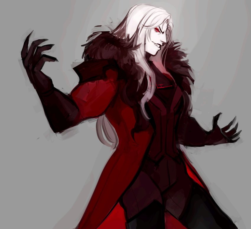 1boy alternate_costume black_gloves coat devilatelier fangs gloves grey_background grey_hair highres league_of_legends long_hair male_focus open_clothes open_coat pants red_coat red_eyes red_pants simple_background solo teeth v-shaped_eyebrows vampire vladimir_(league_of_legends)