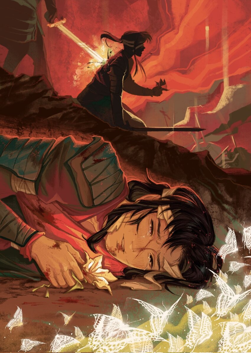 1boy amonimy armor backstab bandaged_head bandages battlefield black_eyes black_hair blood blood_on_armor blood_on_clothes blood_on_face bug butterfly chinese_armor commentary flower glowing_butterfly heterochromia highres holding holding_flower holding_sword holding_weapon hua_cheng insect long_hair long_sleeves lying male_focus multicolored_background multiple_views outdoors red_eyes red_tunic russian_commentary soldier solo_focus stab sword tianguan_cifu tunic weapon white_butterfly white_flower
