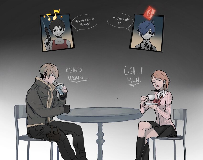 2boys 2girls ada_wong bare_shoulders black_choker black_eyes black_gloves black_hair black_pants black_ribbon black_skirt black_socks blonde_hair blue_eyes blue_hair bow bowtie brown_hair brown_jacket bruno_(brunitro) card cardigan chain choker closed_eyes closed_mouth collarbone collared_shirt crossed_legs crossover cup disposable_cup dress drinking drinking_straw earphones_removed english_text feet_out_of_frame fingerless_gloves flipped_hair fur-trimmed_jacket fur_trim gekkoukan_high_school_uniform gloves gradient_background gun hair_over_one_eye handgun heart heart_choker highres holding holding_cup holding_gun holding_plate holding_weapon jacket kneehighs leon_s._kennedy long_sleeves looking_at_viewer loose_bowtie miniskirt multiple_boys multiple_girls musical_note neck_ribbon omori on_chair open_mouth pants persona persona_3 pink_cardigan plate pleated_skirt red_bow red_bowtie red_dress resident_evil resident_evil_4 ribbed_cardigan ribbon school_uniform shirt short_hair sitting skirt smile socks sparkle speech_bubble straight-on table takeba_yukari teacup three_quarter_view upper_body weapon white_choker white_shirt yuuki_makoto_(persona_3)