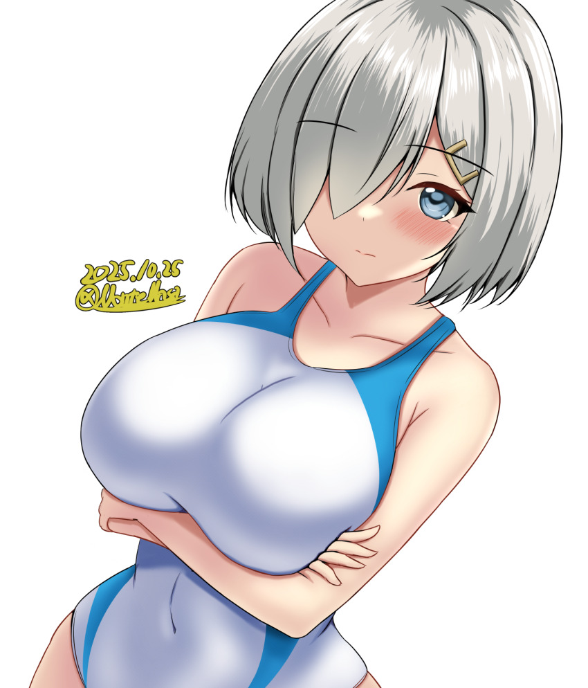 1girl blue_eyes blue_one-piece_swimsuit breasts commentary_request competition_swimsuit covered_navel crossed_arms dated grey_hair hair_ornament hair_over_one_eye hairclip hamakaze_(kancolle) highres impossible_clothes impossible_swimsuit kantai_collection large_breasts looking_at_viewer montemasa one-hour_drawing_challenge one-piece_swimsuit short_hair solo swimsuit twitter_username two-tone_swimsuit upper_body white_one-piece_swimsuit