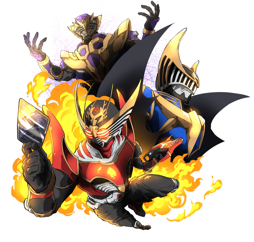3boys absurdres advent_card armor bodysuit cape card commentary dragvisor_zwei english_commentary fire helmet highres holding holding_card holding_weapon kamen_rider kamen_rider_knight kamen_rider_ouja kamen_rider_outsiders kamen_rider_ryuki kamen_rider_ryuki_(series) male_focus multiple_boys naitsupic survive_mode tokusatsu upper_body v_buckle weapon white_background