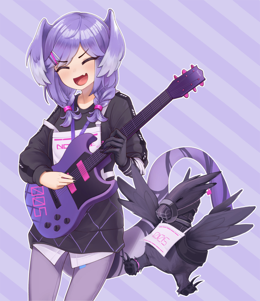 1girl :d ^_^ black_sweater braid closed_eyes dragon dragon_girl dragon_tail ember_(selen_tatsuki) fang guitar hair_ornament hairclip head_wings highres instrument jacy lanyard medium_hair music muzzle nijisanji nijisanji_en open_mouth pants playing_instrument purple_pants selen_tatsuki selen_tatsuki_(1st_costume) skin_fang smile solo sweater tail twin_braids v-shaped_eyebrows virtual_youtuber wings