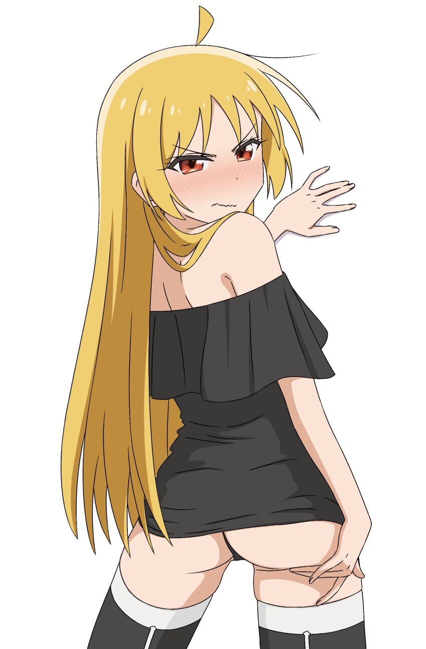 1girl absurdres ahoge angry ass black_panties black_shirt black_thighhighs blonde_hair bocchi_the_rock! embarrassed frilled_shirt frills from_behind hair_over_shoulder hand_on_own_ass highres ijichi_seika long_hair looking_back off-shoulder_shirt off_shoulder orange_eyes panties shirt solo standing thighhighs thong thundradrawings underwear wavy_mouth white_background