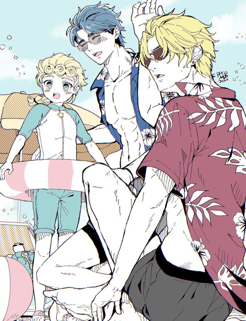 2022 3boys abs aged_down artist_name ball beach beach_umbrella beachball blonde_hair blue_hair blue_male_swimwear blue_swim_trunks blush braid chair closed_eyes coco_jumbo commentary dio_brando english_commentary family father_and_son giorno_giovanna green_eyes grey_male_swimwear grey_swim_trunks highres holding holding_swim_ring implied_yaoi innertube jojo_no_kimyou_na_bouken jonathan_joestar lounge_chair male_focus male_swimwear morino_peko multiple_boys muscular muscular_male navel open_mouth outdoors pectorals short_hair sitting smile summer sunglasses swim_ring swim_trunks swimsuit turtle umbrella vento_aureo
