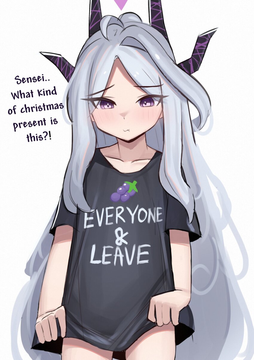 1girl :t absurdres blue_archive blush closed_mouth collarbone commentary demon_girl demon_horns english_commentary english_text flat_chest food_print fruit_print grape_print grey_hair highres hina_(blue_archive) horns iog626 long_hair long_shirt pout print_shirt purple_eyes purple_horns shirt short_sleeves simple_background solo t-shirt very_long_hair white_background