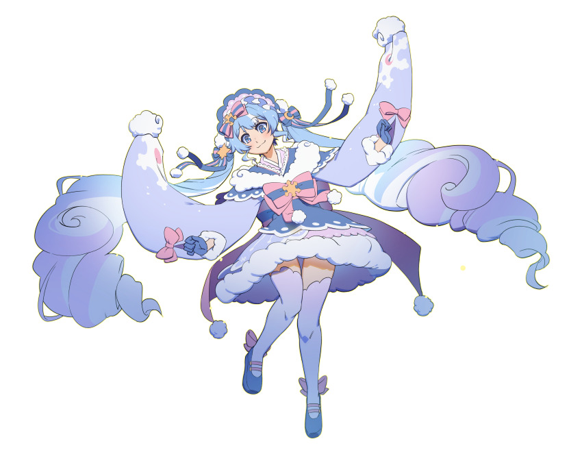1girl :3 absurdres blue_eyes blue_gloves blue_hair blue_kimono bonnet bow commentary crescent crescent_hair_ornament dress drill_hair english_commentary floating_hair fortissimo full_body fur-trimmed_kimono fur_trim gloves gradient_hair hair_ornament hatsune_miku highres japanese_clothes kimono layered_kimono long_hair low_drills multicolored_hair musical_note musical_note_hair_ornament pink_bow pom_pom_(clothes) pom_pom_hair_ornament purple_hair riza23 simple_background smile solo standing standing_on_one_leg striped_bow sun_hair_ornament tachi-e thighhighs transparent_background twin_drills twintails very_long_hair vocaloid yuki_miku yuki_miku_(2023)