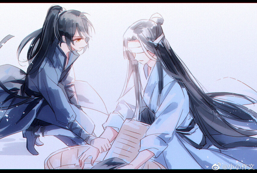 2boys basin black_border black_hair blindfold blue_hanfu blue_robe boots border chinese_clothes curtained_hair feet_out_of_frame full_body hair_between_eyes hanfu high_ponytail holding_another&#039;s_wrist letterboxed long_hair long_sleeves looking_at_another male_focus modao_zushi multiple_boys on_one_knee parted_bangs parted_lips ponytail robe simple_background sleeves_rolled_up smile topknot tree washboard washing_clothes washtub watermark weibo_watermark white_background white_hanfu white_robe xiao_xiao_zuowen xiao_xingchen xue_yang yaoi yellow_eyes