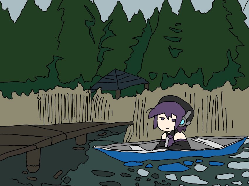 1girl :| beret black_hat black_sleeves boat closed_mouth day detached_sleeves dock forest from_side grass grey_shirt hat highres jitome long_sleeves looking_to_the_side nature necktie nippachi_(hg_0603) on_boat outdoors pavilion pond purple_eyes purple_hair purple_necktie refraction robot_ears rowboat shirt short_hair sitting sleeveless sleeveless_shirt solo tall_grass utane_uta utau watercraft wide_shot