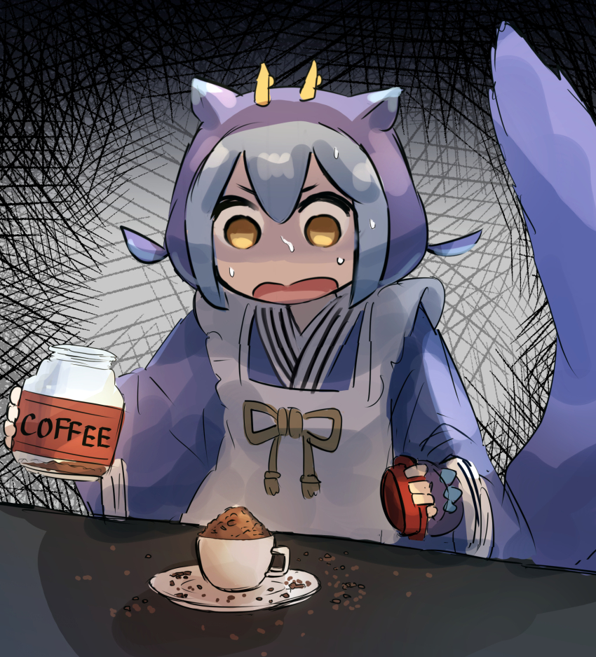 1girl blue_hair coffee coffee_mug cup dragon_girl dragon_horns dragon_tail duel_monster hatano_kiyoshi highres holding holding_jar horns jar laundry_dragonmaid maid mug overflowing shaded_face solo surprised tail wa_maid wide-eyed yellow_eyes yu-gi-oh!