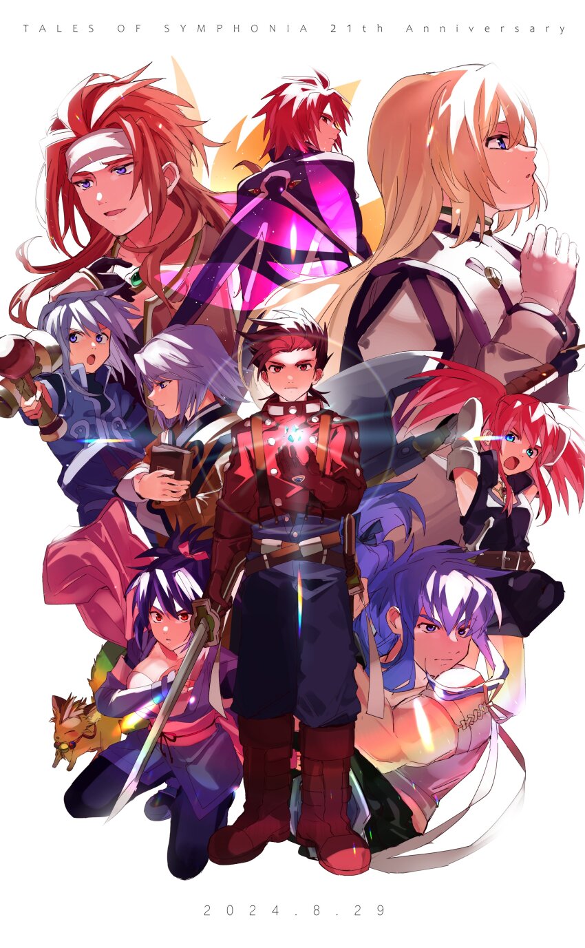 4girls 5boys absurdres aemono_(lemolemo_lmn) anniversary axe belt black_hair blonde_hair blue_eyes blue_hair book breasts brown_eyes brown_hair chest_jewel choker cleavage closed_mouth colette_brunel corrine dated dress elbow_gloves english_text everyone fingerless_gloves fujibayashi_sheena genius_sage gloves glowing_gem grey_hair headband highres holding holding_axe holding_book holding_sword holding_weapon japanese_clothes kendama kratos_aurion lloyd_irving long_hair multiple_boys multiple_girls muscular open_mouth own_hands_clasped own_hands_together pants pink_hair ponytail presea_combatir raine_sage red_hair red_shirt regal_bryan shirt short_hair simple_background spiked_hair suspenders sword tales_of_(series) tales_of_symphonia twintails weapon white_background white_hair wings zelos_wilder