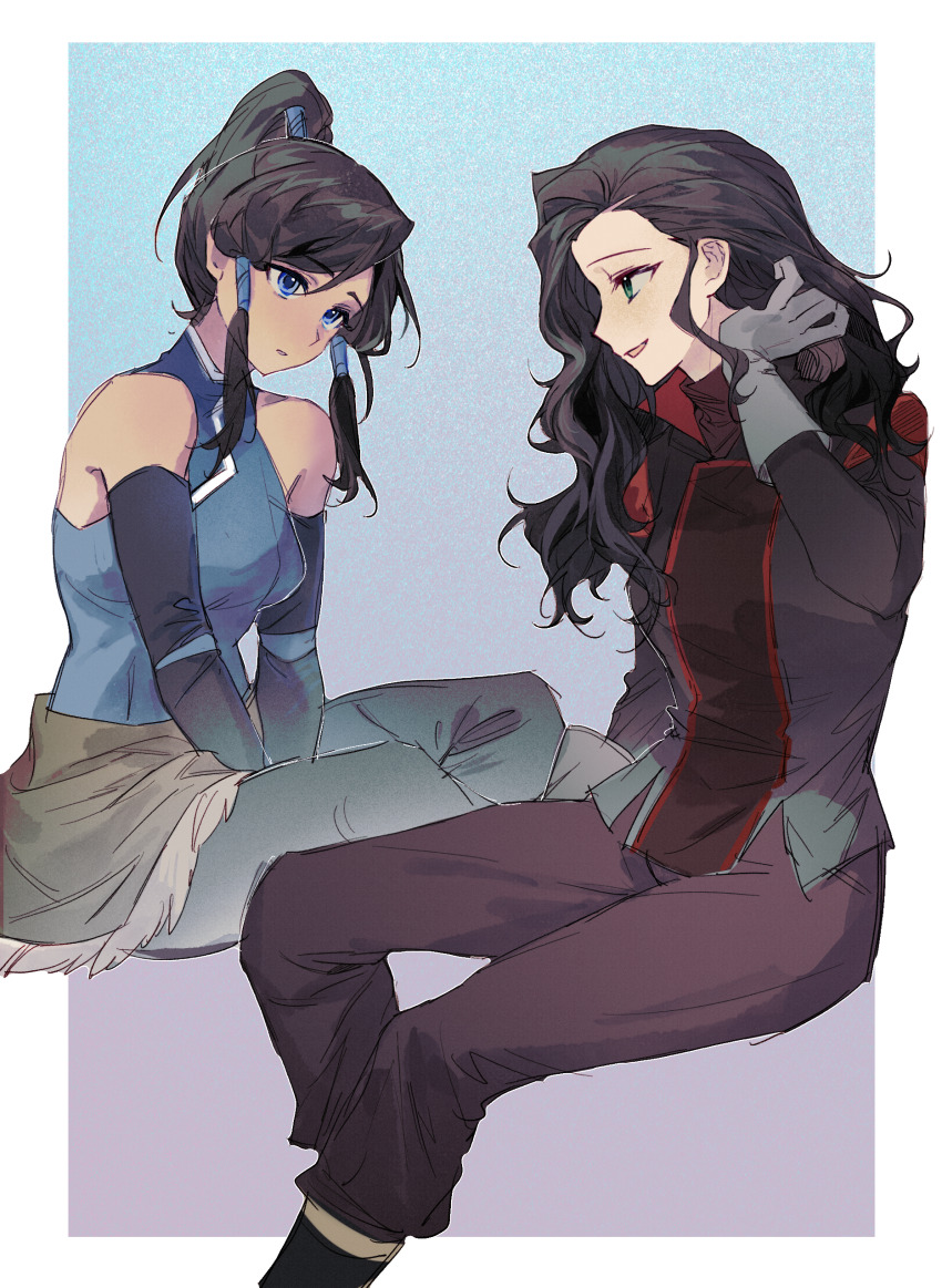 2girls absurdres asami_sato avatar_legends bare_shoulders black_hair black_pants black_shirt blue_eyes breasts brown_hair chinese_commentary collared_shirt couple detached_sleeves from_side gloves gradient_background green_eyes grey_gloves grey_pants hand_in_own_hair hand_up head_tilt high_ponytail highres korra large_breasts long_hair long_sleeves looking_at_another looking_to_the_side multicolored_background multiple_girls open_mouth pants parted_lips ponytail shirt sidelocks sitting sleeveless tan the_legend_of_korra villdpolastri wavy_hair yuri