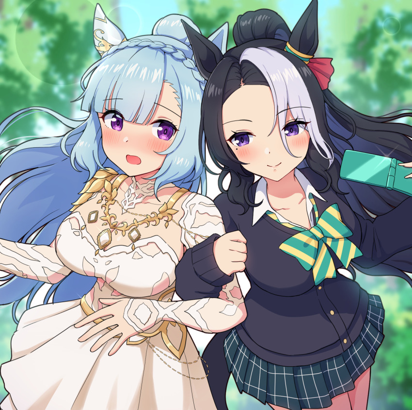 2girls animal_ears black_cardigan black_hair black_skirt blue_hair blue_sky blurry blurry_background blush braid breasts cardigan cellphone cleavage closed_mouth collared_shirt commentary_request crown_braid day depth_of_field dress dress_shirt flip_phone grey_hair highres holding holding_phone horse_ears large_breasts locked_arms long_hair long_sleeves mejiro_ardan_(umamusume) mejiro_ramonu_(umamusume) multicolored_hair multiple_girls open_mouth outdoors phone pleated_skirt ponytail puffy_long_sleeves puffy_sleeves purple_eyes shirt skirt sky sleeves_past_wrists smile takiki tree two-tone_hair umamusume very_long_hair white_dress white_shirt