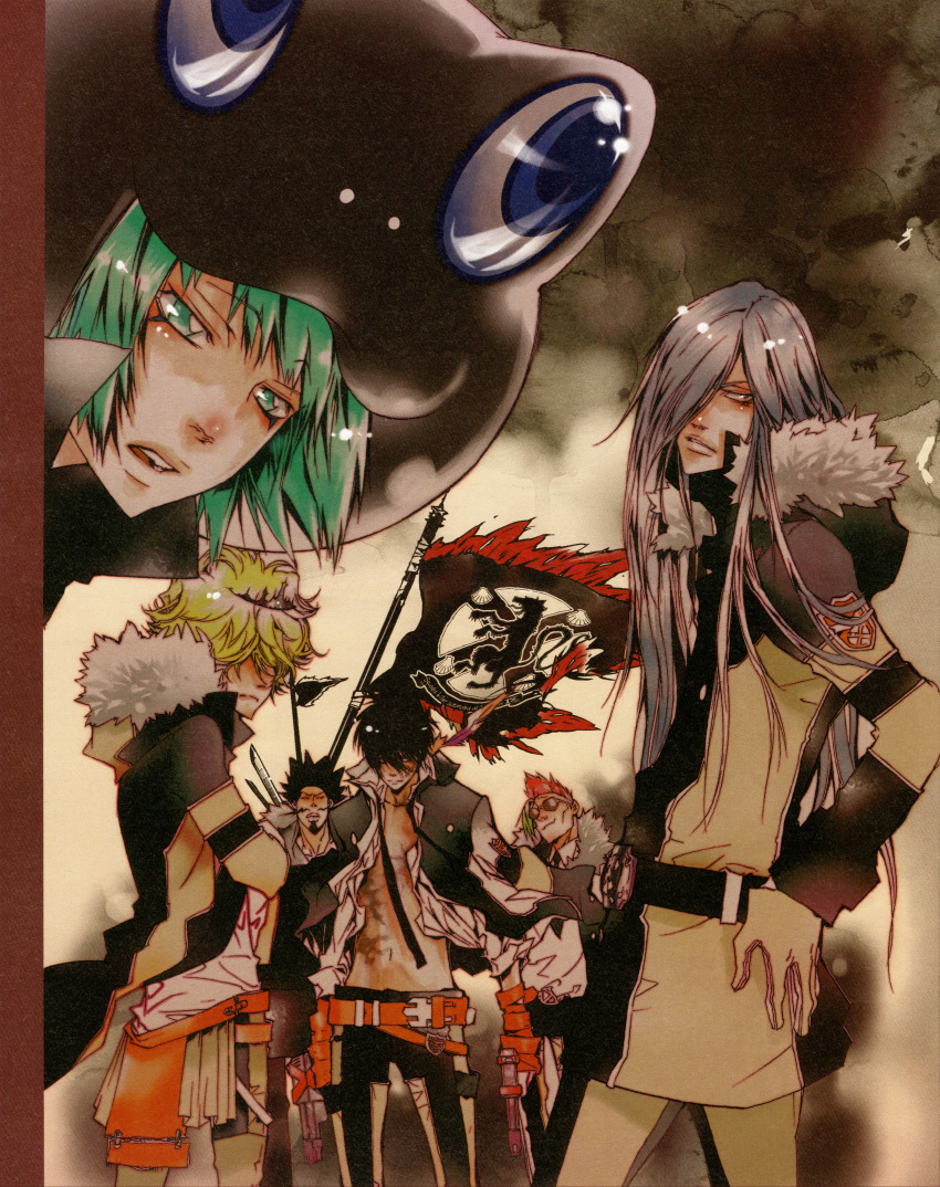 6+boys absurdres amano_akira animal_hat belphegor_(reborn) belt black_hair blonde_hair facial_hair flag fran_(reborn) green_eyes green_hair gun hair_over_eyes hand_on_own_hip handgun hat highres hip_focus katekyo_hitman_reborn! levi-a-thon leviathan_(reborn) long_hair lussuria_(reborn) male_focus mohawk multiple_boys mustache necktie open_clothes open_shirt pistol scar shirt topless_male silver_hair sunglasses superbi_squalo tiara varia weapon xanxus