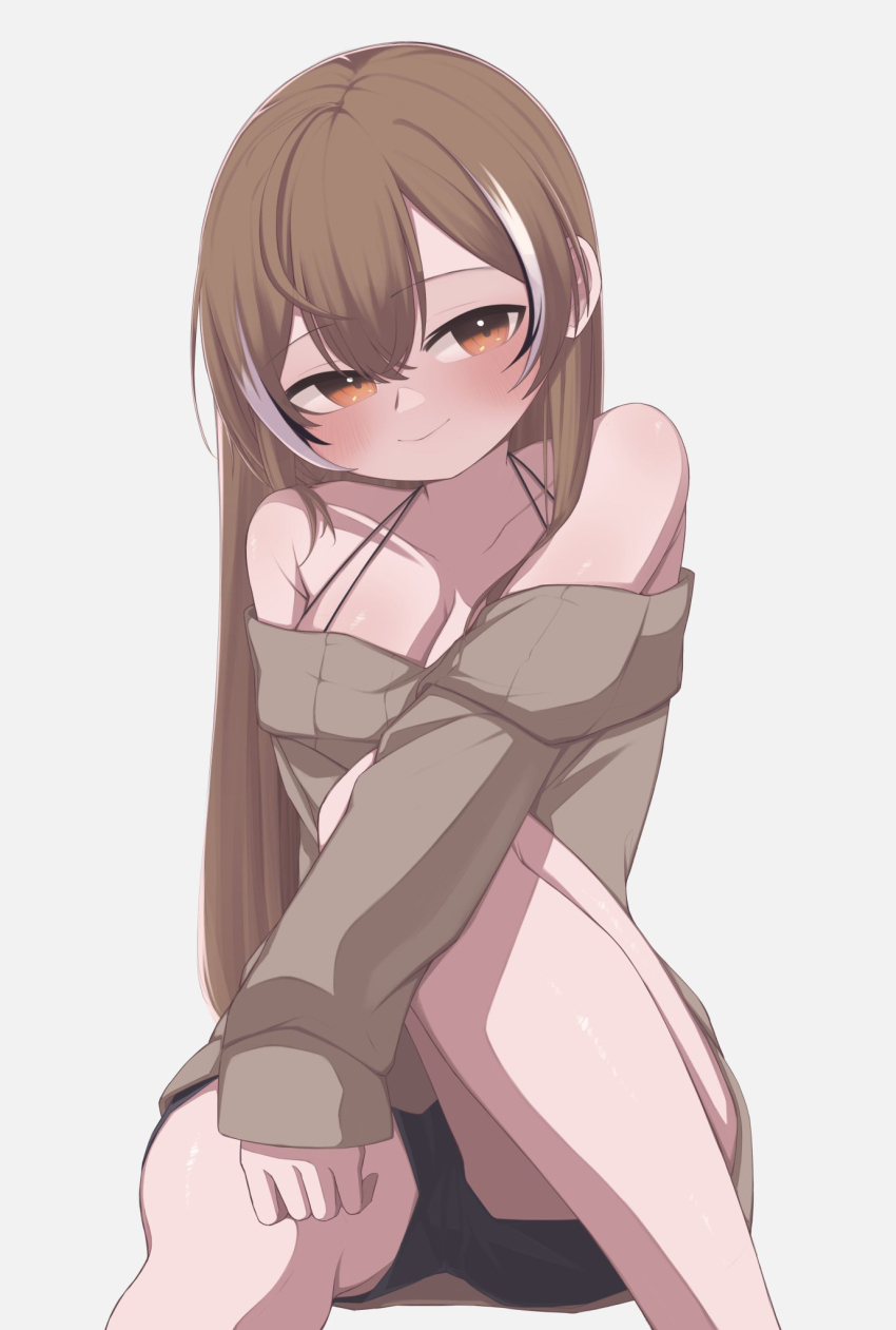 1girl ahoge alternate_costume bare_shoulders black_shorts black_streaks blush breasts brown_eyes brown_hair cleavage closed_mouth commentary grey_sweater hair_between_eyes highres hololive hololive_english large_breasts long_hair long_sleeves looking_at_viewer multicolored_hair nanashi_mumei off-shoulder_sweater off_shoulder seiaru shorts simple_background sitting smile solo streaked_hair sweater symbol-only_commentary virtual_youtuber white_background white_streaks