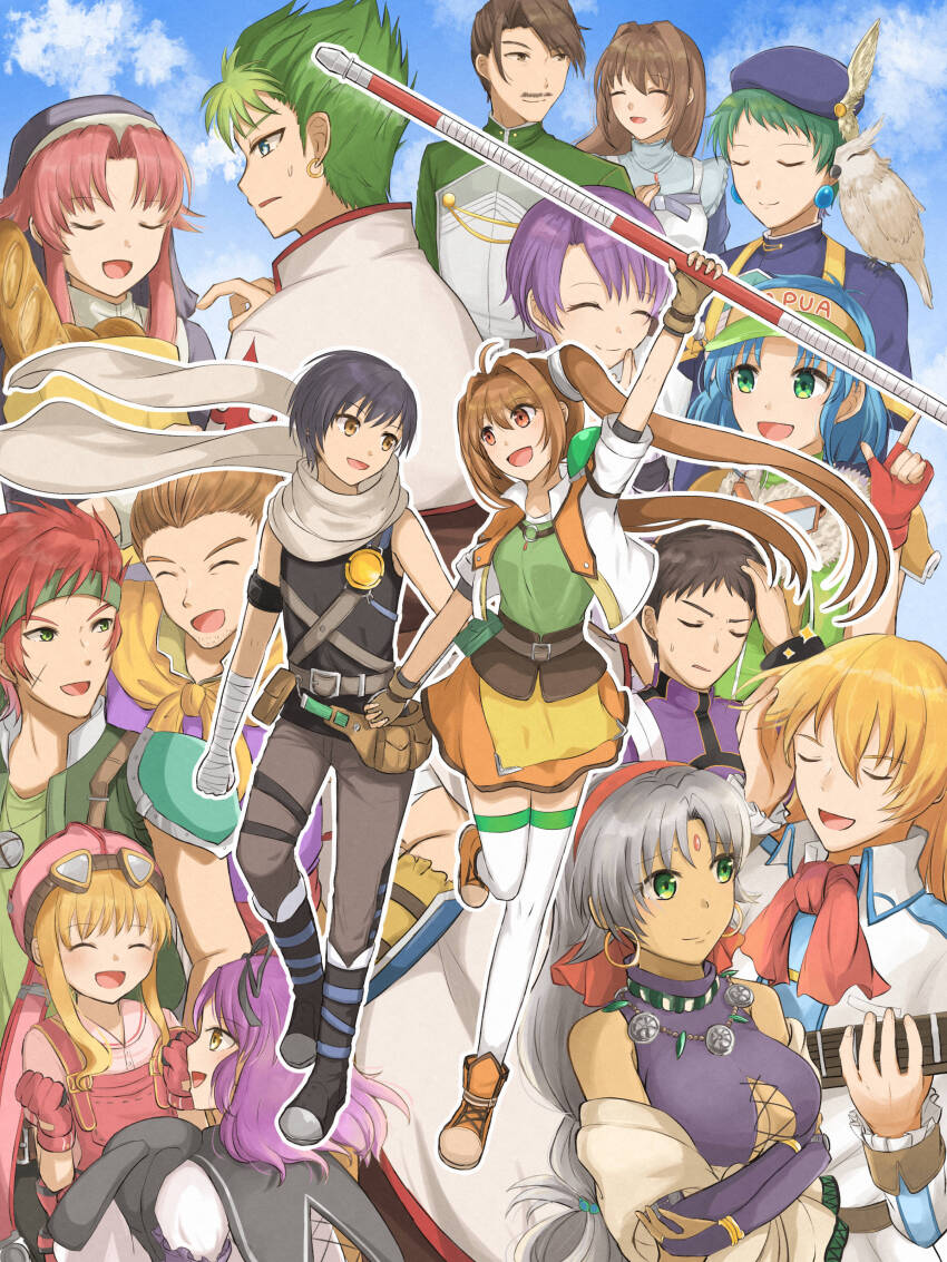 6+boys 6+girls absurdres agate_crosner ahoge anelace_elfead antenna_hair armor beret black_hair blonde_hair blue_eyes blue_sky cassius_bright closed_eyes cloud cross_scar curtained_hair double-parted_bangs earrings eiyuu_densetsu estelle_bright facial_scar floating_hair goggles goggles_on_head green_eyes grey_hair hair_between_eyes hair_intakes hair_slicked_back hat hat_feather headband highres holding holding_stuffed_toy hoop_earrings jewelry josette_capua joshua_bright kevin_graham kloe_rinz long_hair mueller_vander multiple_boys multiple_girls nun olivert_reise_arnor open_mouth parted_bangs pauldrons red_eyes renne_(eiyuu_densetsu) ries_argent scar scar_on_cheek scar_on_face scarf scherazard_harvey shoes short_hair shoulder_armor sideburns sidelocks single_pauldron sky smile sneakers sora_no_kiseki stuffed_animal stuffed_rabbit stuffed_toy tita_russell traditional_nun twintails yellow_eyes yula22_gld zin_vathek