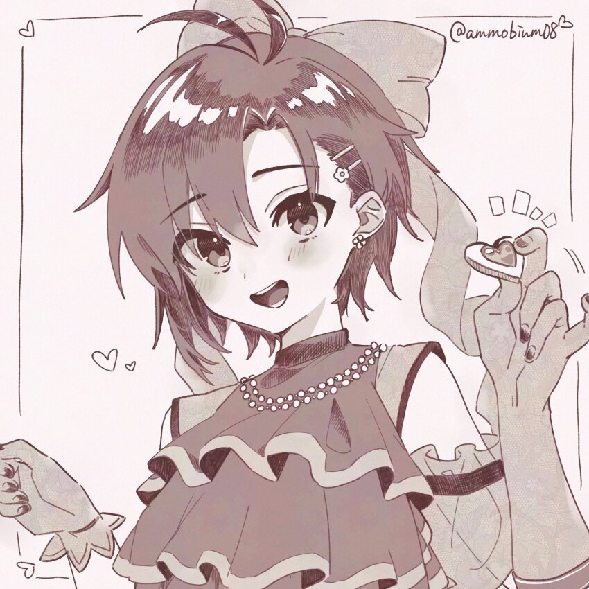1girl ayuko_ammobium earrings fingernails gloves hair_ornament hairclip hands_up heart highres holding holding_heart idolmaster idolmaster_(classic) jewelry kikuchi_makoto looking_at_viewer monochrome open_mouth see-through_clothes see-through_gloves short_hair solo twitter_username upper_body