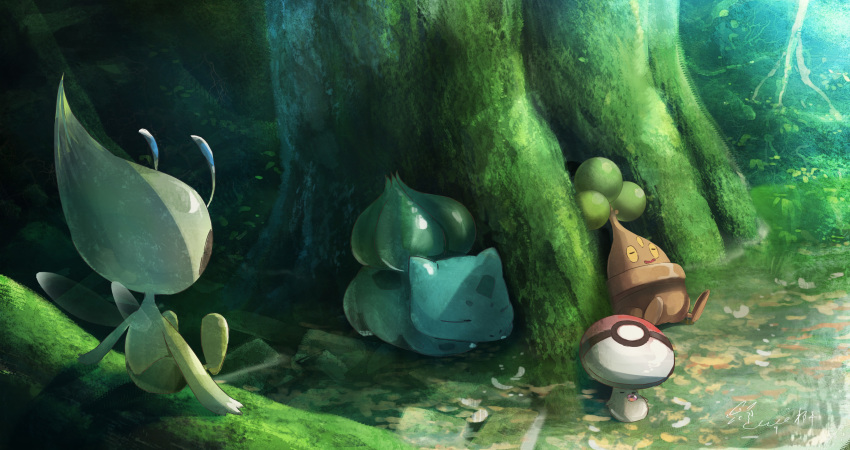absurdres against_tree bonsly bulbasaur celebi colored_sclera foongus gen_1_pokemon gen_2_pokemon gen_4_pokemon gen_5_pokemon hachiya_shohei highres legendary_pokemon moss mythical_pokemon nintendo no_humans outdoors pokemon pokemon_(creature) scenery signature sitting sleeping tree yellow_sclera