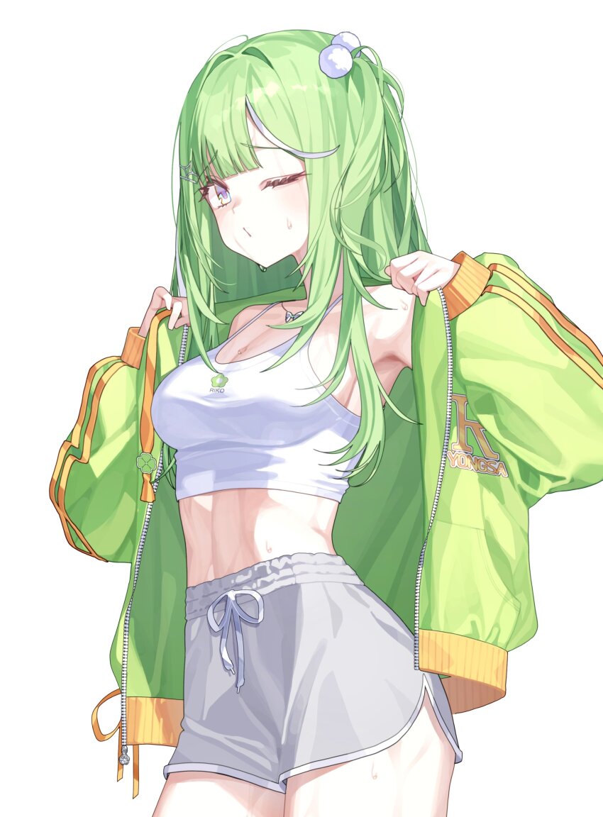 1girl absurdres armpits bare_shoulders breasts cleavage closed_mouth cowboy_shot crop_top dolphin_shorts drawstring green_hair green_jacket grey_shorts hair_ornament highres jacket long_hair long_sleeves looking_at_viewer medium_breasts midriff multicolored_hair navel one_eye_closed open_clothes open_jacket pom_pom_(clothes) pom_pom_hair_ornament purple_eyes shirt short_shorts shorts simple_background sleeveless sleeveless_shirt solo stellive streaked_hair sweat virtual_youtuber white_background white_shirt yioro yuzuha_riko