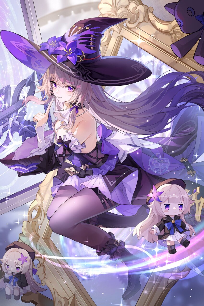 bare_shoulders breasts brown_hair doll hat herta_(honkai:_star_rail) highres honkai:_star_rail honkai_(series) libero_art long_hair medium_breasts mirror purple_eyes smile the_herta_(honkai:_star_rail) very_long_hair witch witch_hat