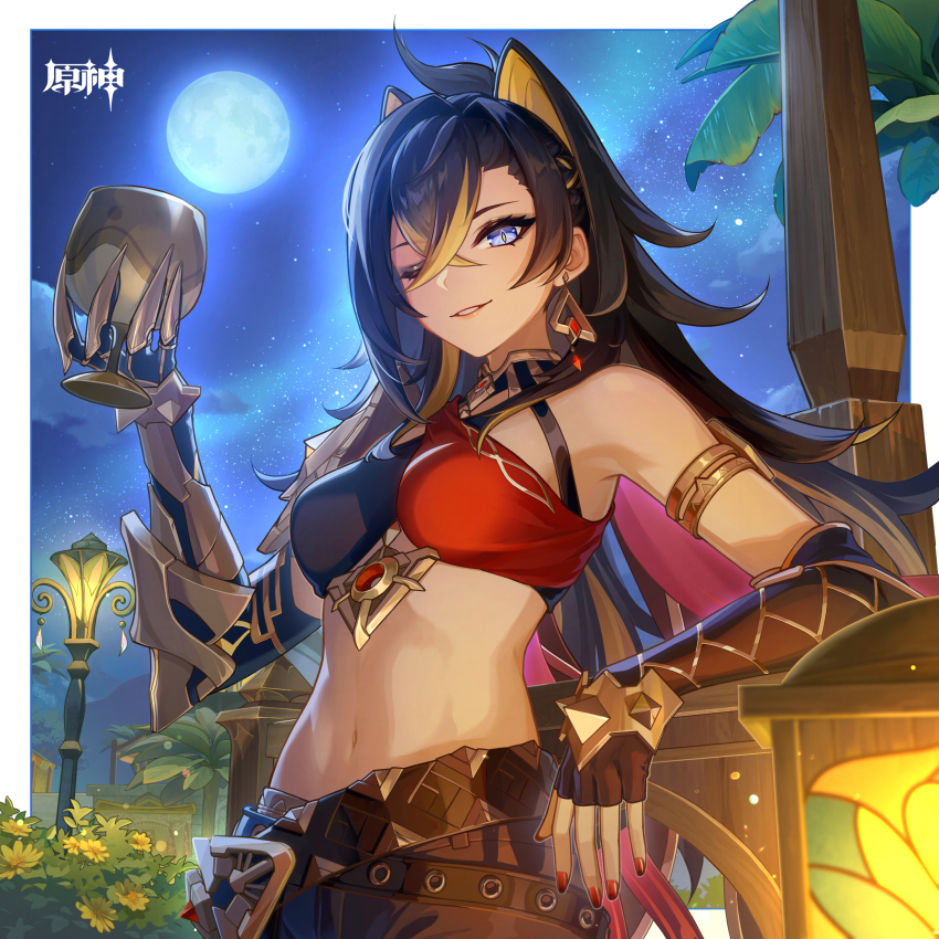 1girl absurdres asymmetrical_clothes bibimbub black_gloves black_hair blonde_hair crossed_bangs dark-skinned_female dark_skin dehya_(genshin_impact) elbow_gloves fingerless_gloves full_moon genshin_impact gloves hair_between_eyes hair_ears highres long_hair moon multicolored_hair navel night night_sky official_art outdoors parted_lips pointy_hair sky smile stomach streaked_hair
