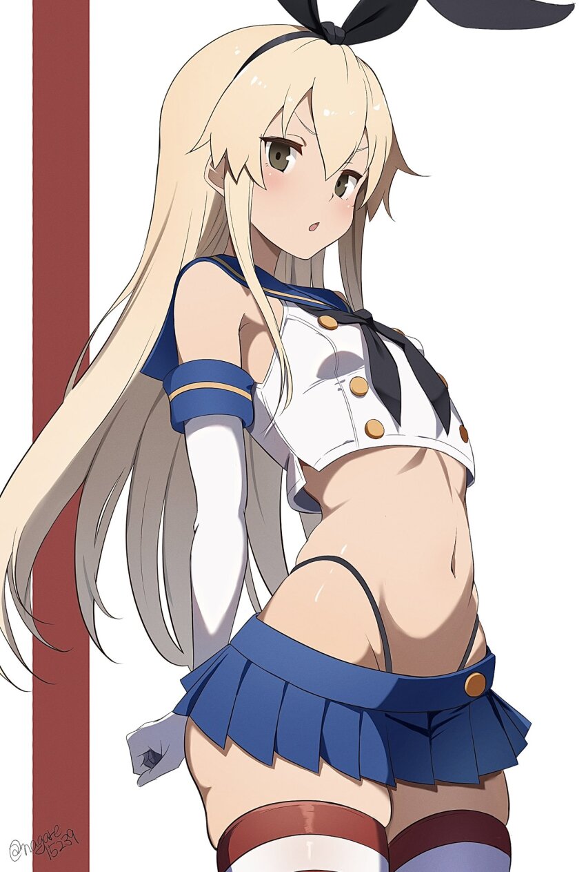1girl black_hairband black_neckerchief black_panties blonde_hair blue_sailor_collar blue_skirt chestnut_mouth cowboy_shot crop_top elbow_gloves gloves grey_eyes hairband highleg highleg_panties highres kantai_collection long_hair microskirt miniskirt nagare_(flow) neckerchief panties pleated_skirt sailor_collar shimakaze_(kancolle) shirt skindentation skirt sleeveless sleeveless_shirt solo striped_clothes striped_thighhighs thighhighs twitter_username underwear white_background white_gloves