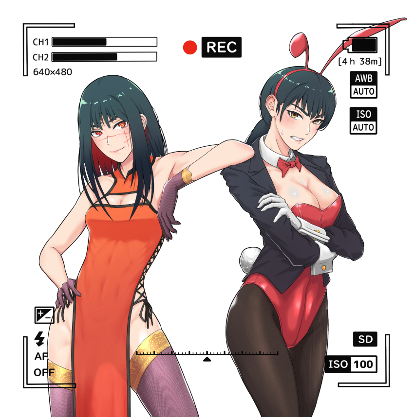 2girls animal_ears arm_on_another&#039;s_shoulder arm_rest black_gloves black_hair black_pantyhose bow bowtie breasts brown_eyes chainsaw_man china_dress chinese_clothes cleavage cleavage_cutout clenched_teeth clothing_cutout commentary_request contrapposto crossed_arms detached_collar dress facial_scar fake_animal_ears fake_tail gloves hand_on_own_hip highres large_breasts leotard medium_breasts mitaka_asa multiple_girls orange_dress orange_eyes pantyhose playboy_bunny ponytail purple_thighhighs rabbit_ears rabbit_tail red_bow red_bowtie red_leotard ringed_eyes scar scar_on_cheek scar_on_face scar_on_nose shiizuu_(multi_mirror) smile strapless strapless_leotard sweatdrop tail teeth thighhighs traditional_bowtie viewfinder white_gloves yoru_(chainsaw_man)