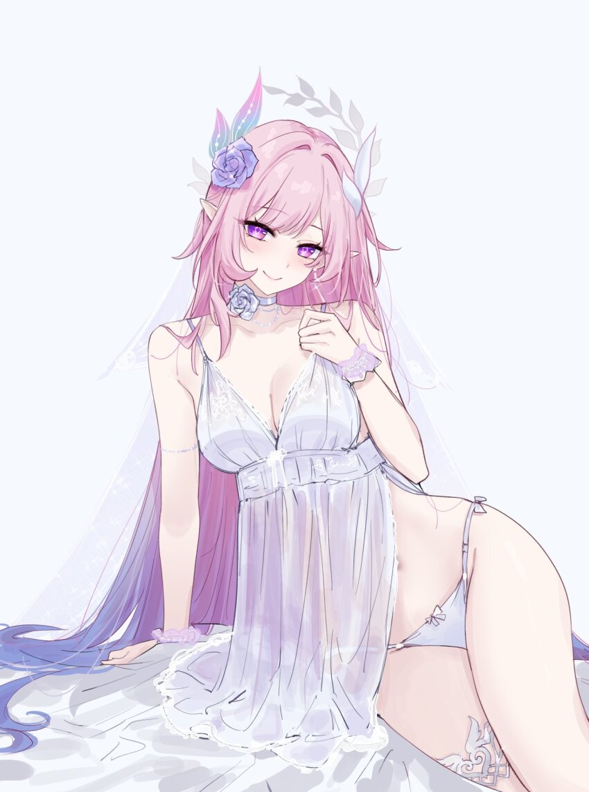 1girl alternate_costume arm_support bare_shoulders breasts choker cleavage closed_mouth collarbone commentary cyrene_(honkai:_star_rail) cyrene_(ripples_of_past_reverie)_(honkai:_star_rail) diamond-shaped_pupils diamond_(shape) dress feint721 flower gradient_hair hair_flower hair_ornament hand_up highres honkai:_star_rail honkai_(series) jewelry large_breasts light_blush looking_at_viewer lying multicolored_hair necklace on_side panties pink_hair pointy_ears purple_eyes purple_flower purple_hair purple_rose rose sidelocks smile solo symbol-shaped_pupils thighs underwear white_choker white_dress white_panties wrist_cuffs